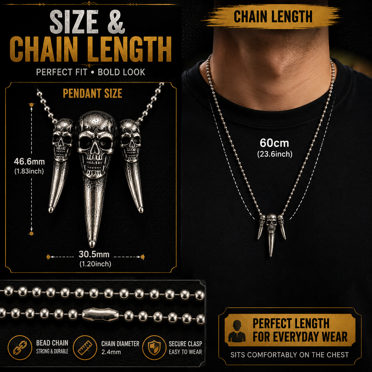 Triple Skull Tooth Pendant Necklace Mens Gothic Viking Biker Punk Stainless Steel Chain #PN0007