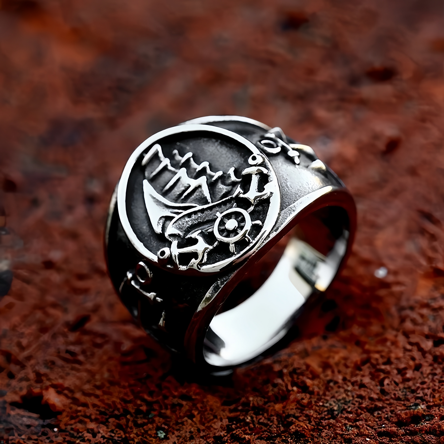 Men Nautical Anchor & Sailboat Engraved Ring Stainless Steel Punk Statement Band # R327