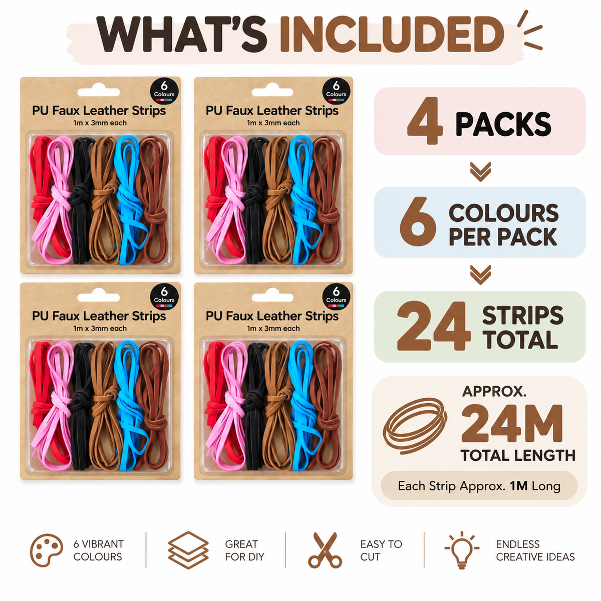 PU Faux Leather Cord Strips 1M x 3mm Jewellery Making DIY Craft 4 Pack