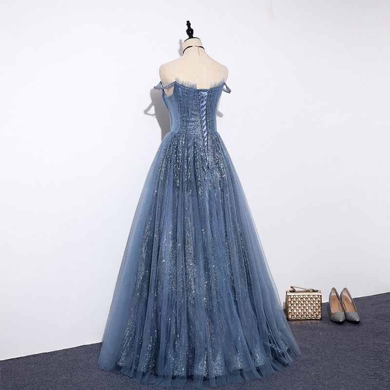 Women V-Neck Banquet Wedding Dress Cold Shoulder Evening Dress Shaggy Skirt