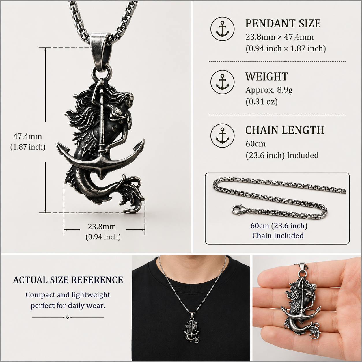 Vintage Mermaid Anchor Pendant Necklace Stainless Steel Dark Silver Nautical Chain PN0021