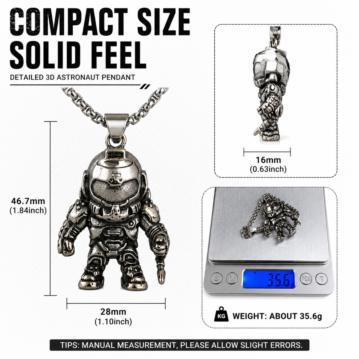 Space Astronaut Necklace Pendant Dark Silver Stainless Steel 60cm Chain Gift PN0028