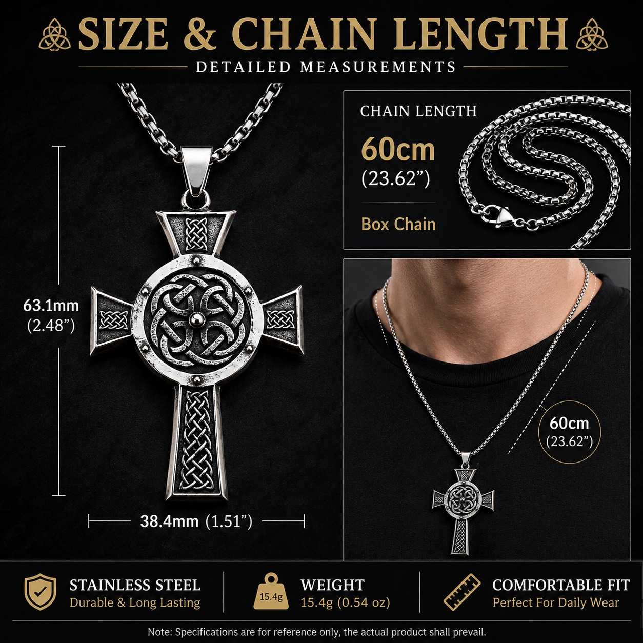 Men's Viking Cross Pendant Necklace Celtic Knot Nordic Odin Warrior Amulet Stainless Steel Chain Gift PN0161
