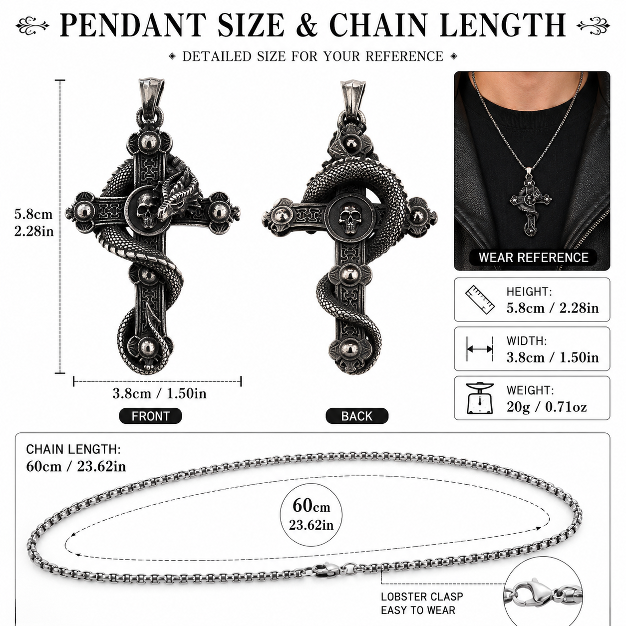 Vintage Dragon Cross Skull Pendant Necklace Men Gothic Stainless Steel Dark Silver Chain PN0022