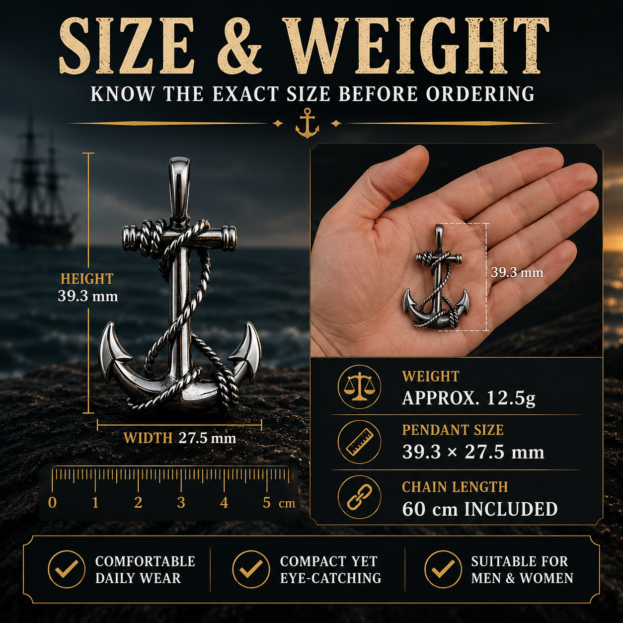 Unisex Anchor Pendant Necklace Stainless Steel Nautical Sailor Rope Charm Vintage Necklace 60cm Chain Gift PN0013