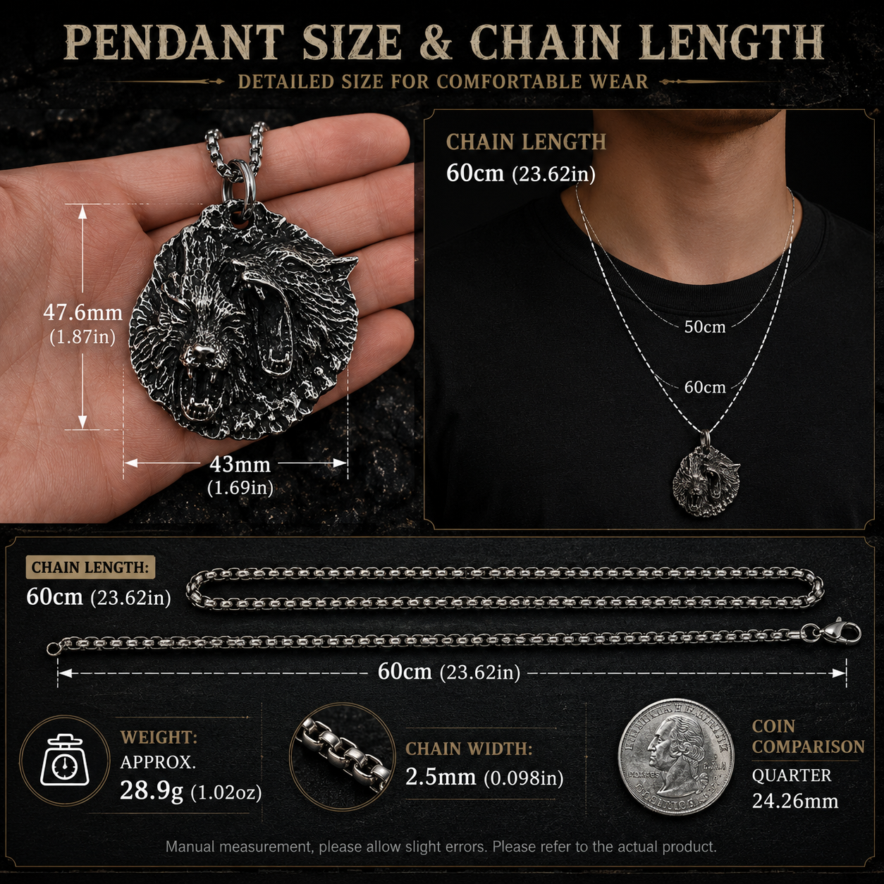 Vintage Wolf Pendant Necklace Dark Silver Stainless Steel Viking Animal Medallion Chain Gift for Men Women PN0017