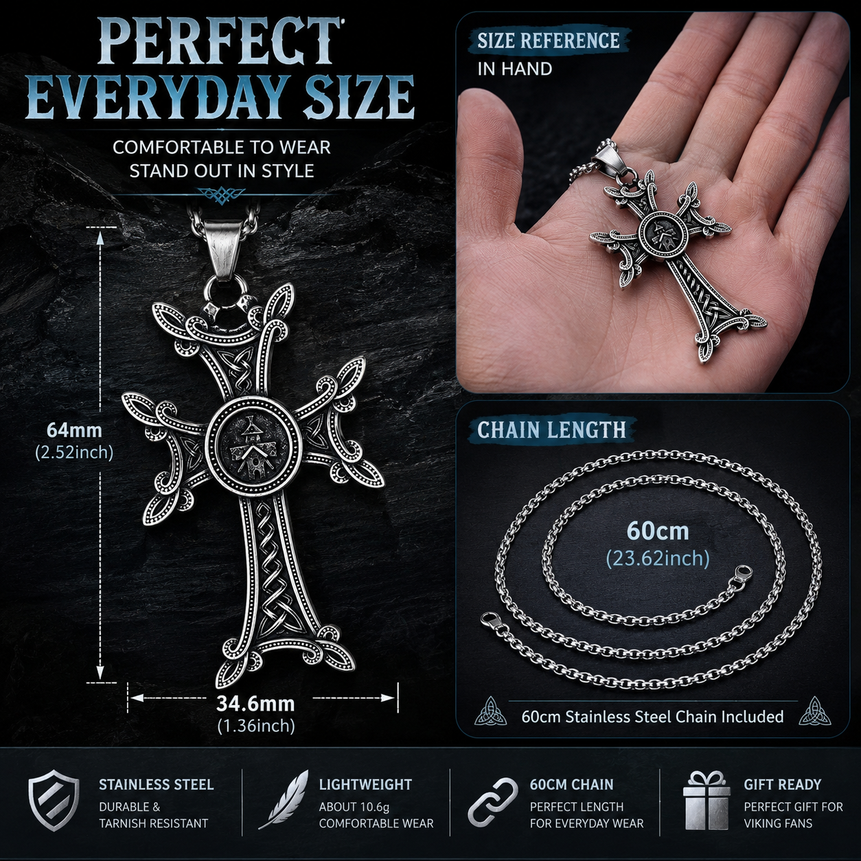 Nordic Viking Cross Pendant Necklace Celtic Knot Stainless Steel Norse Medieval Jewellery 60cm Chain Gift For Men PN0159