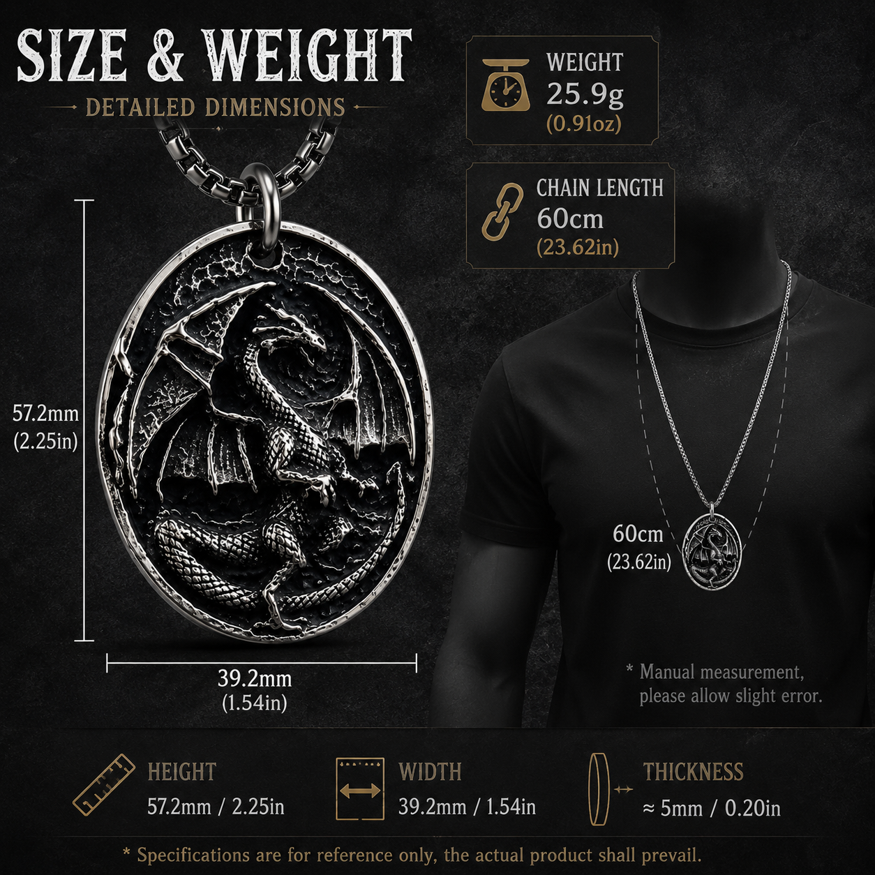 Vintage Dragon Pendant Necklace for Men Stainless Steel Gothic Biker Fantasy Style Necklace Dark Silver Finish Chain PN0020