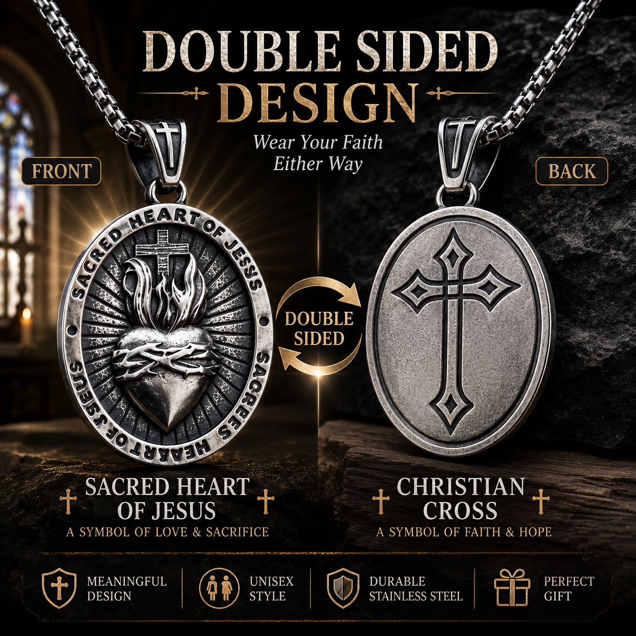 Sacred Heart of Jesus Pendant Necklace for Men Women, Double Sided Stainless Steel Christian Cross Medal, Vintage Dark Silver Religious Necklace with 60cm Box Chain, Catholic Faith Gift #PN0031