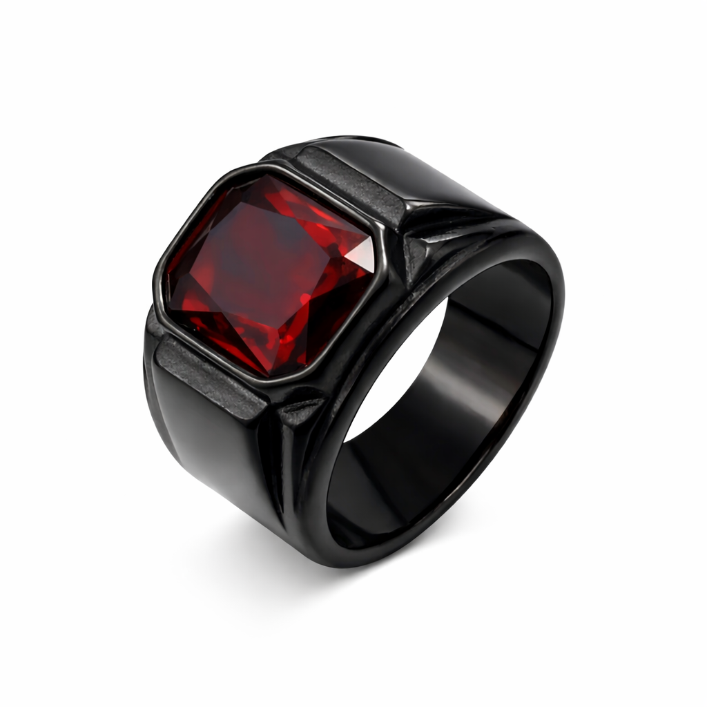 Men Biker Square Signet Ring Black or Red Synthetic Stone Vintage Statement Band # R321