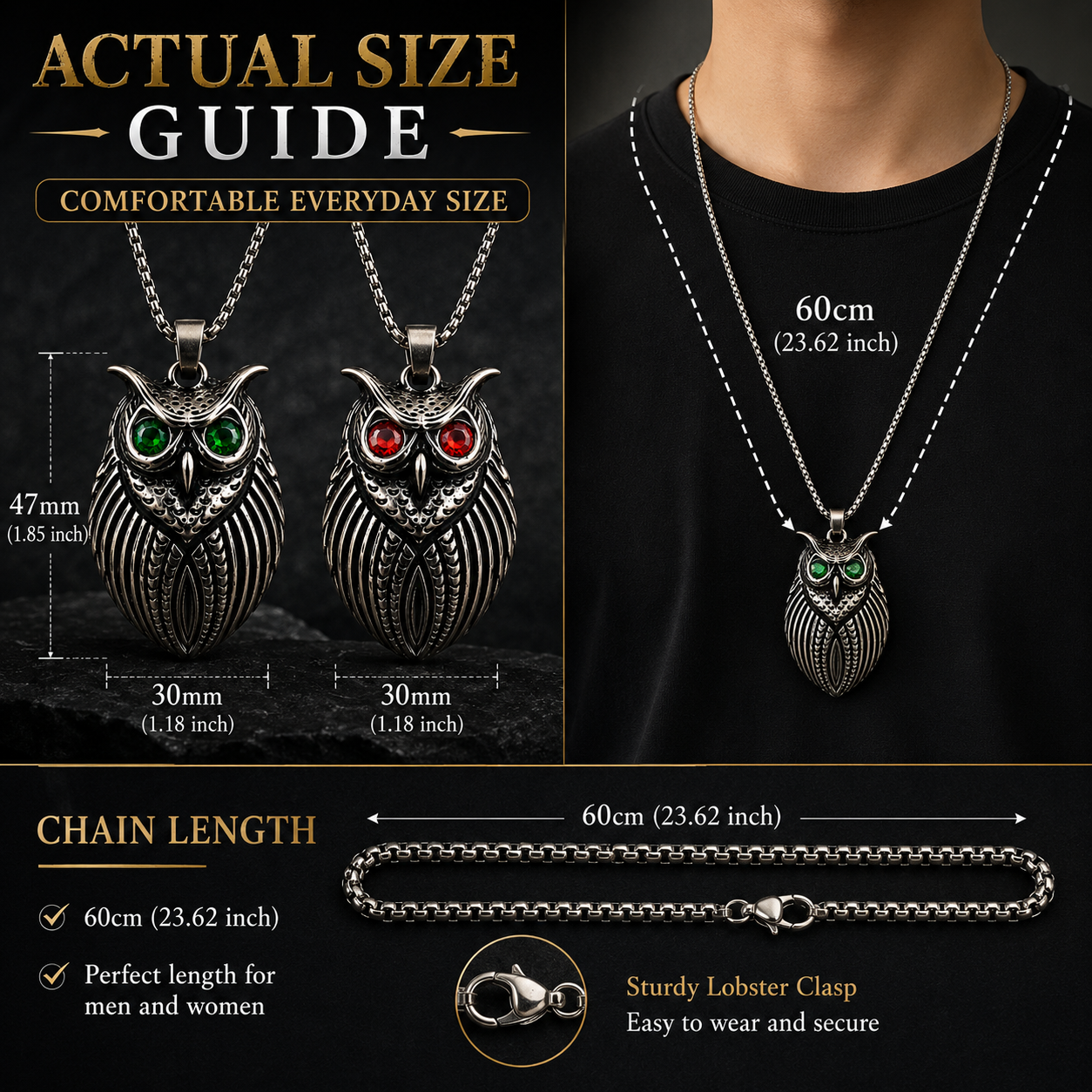 Retro Owl Necklace Stainless Steel Pendant Red Green Gem Eyes Gothic Animal Charm Chain Gift PN0027