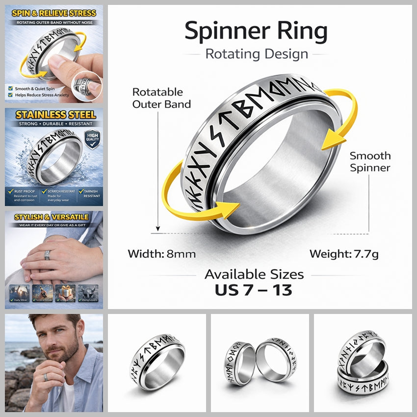 Viking Nordic Rune Spinner Ring Rotating Fidget Anxiety Stress Relief Norse Band # R421