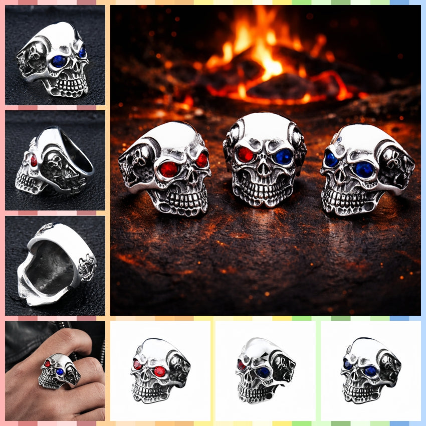Men’s Gothic Skull Ring Red & Blue CZ Eyes Silver Tone Biker Punk Statement Ring # R25