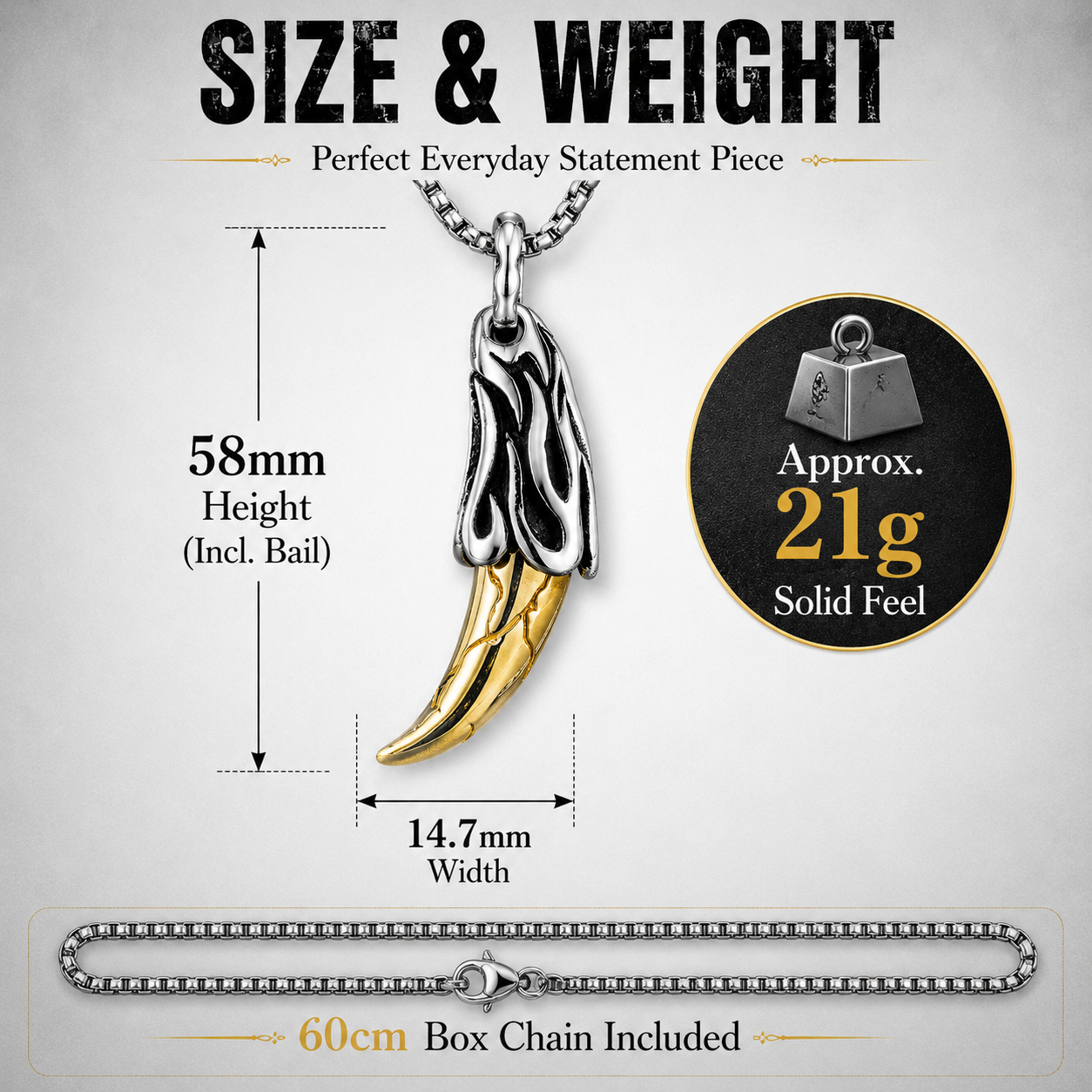 Men Gothic Tiger Tooth Pendant Necklace Dark Silver Flame details Box Chain Gift PN0026