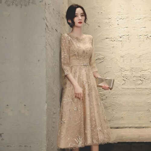 Women Champagne Formal Wedding Evening Cocktail Prom Bridesmaid Ball Gown Dress