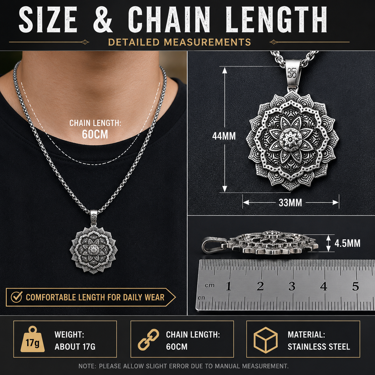 Unisex Vintage Flower Pendant Necklace Stainless Steel Zen Yoga Punk Necklace with 60cm Chain Gift for Men Women PN0016