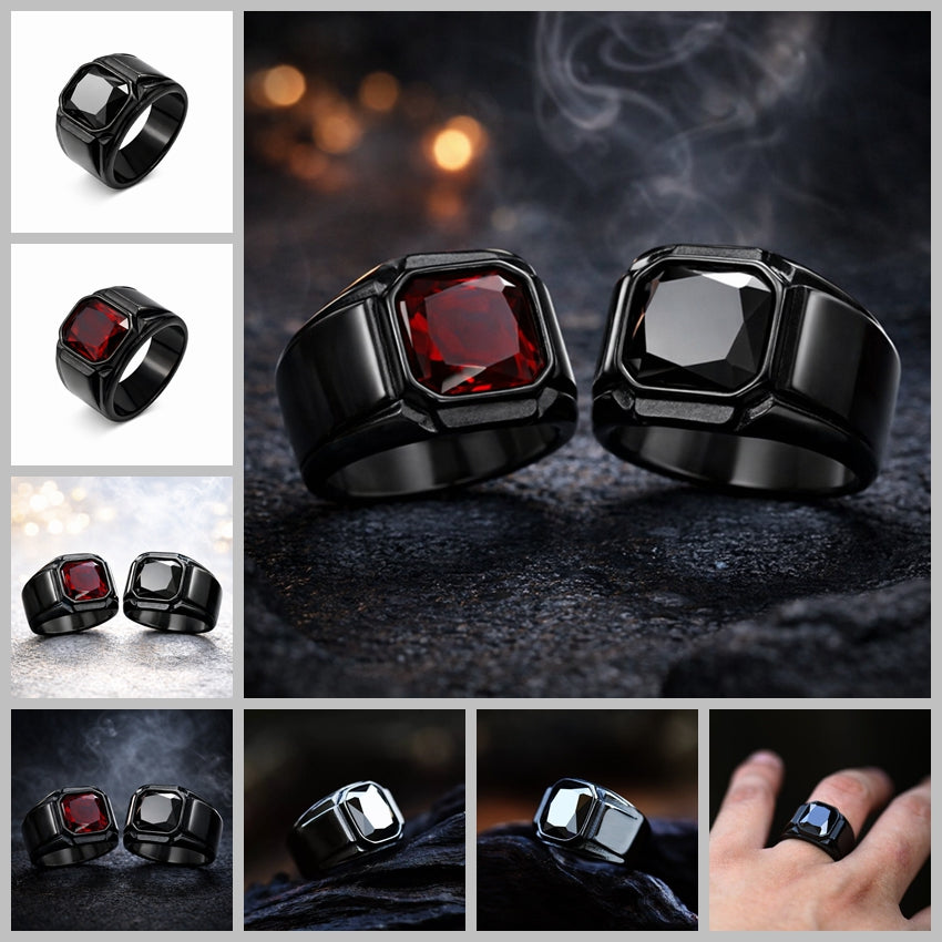 Men Biker Square Signet Ring Black or Red Synthetic Stone Vintage Statement Band # R321