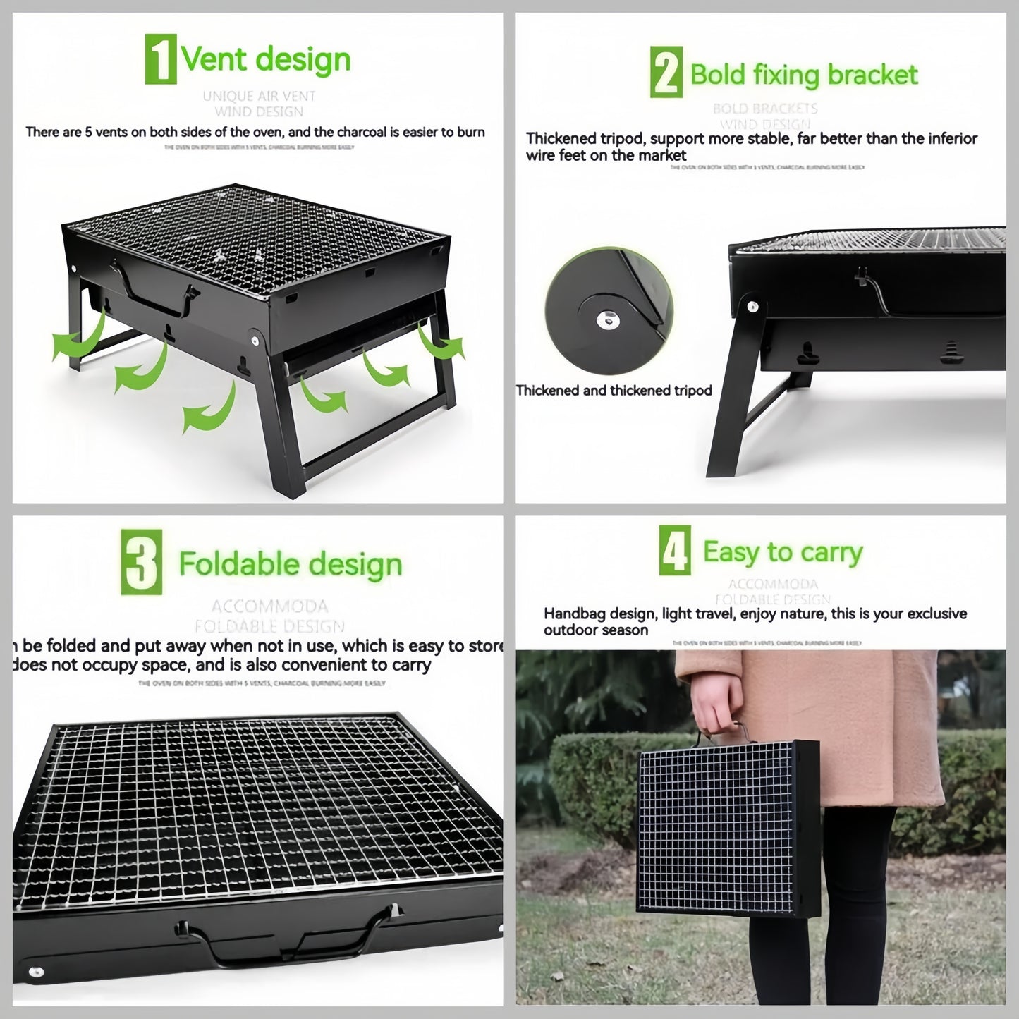 Outdoor Small Black Steel Charcoal Grill Portable Folding Thickened Grill BBQ