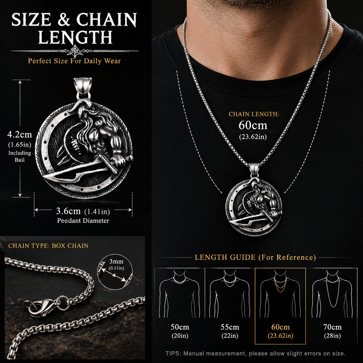 Men Viking Warrior Pendant Necklace Norse Mythology Stainless Steel Round Amulet with Chain PN0014