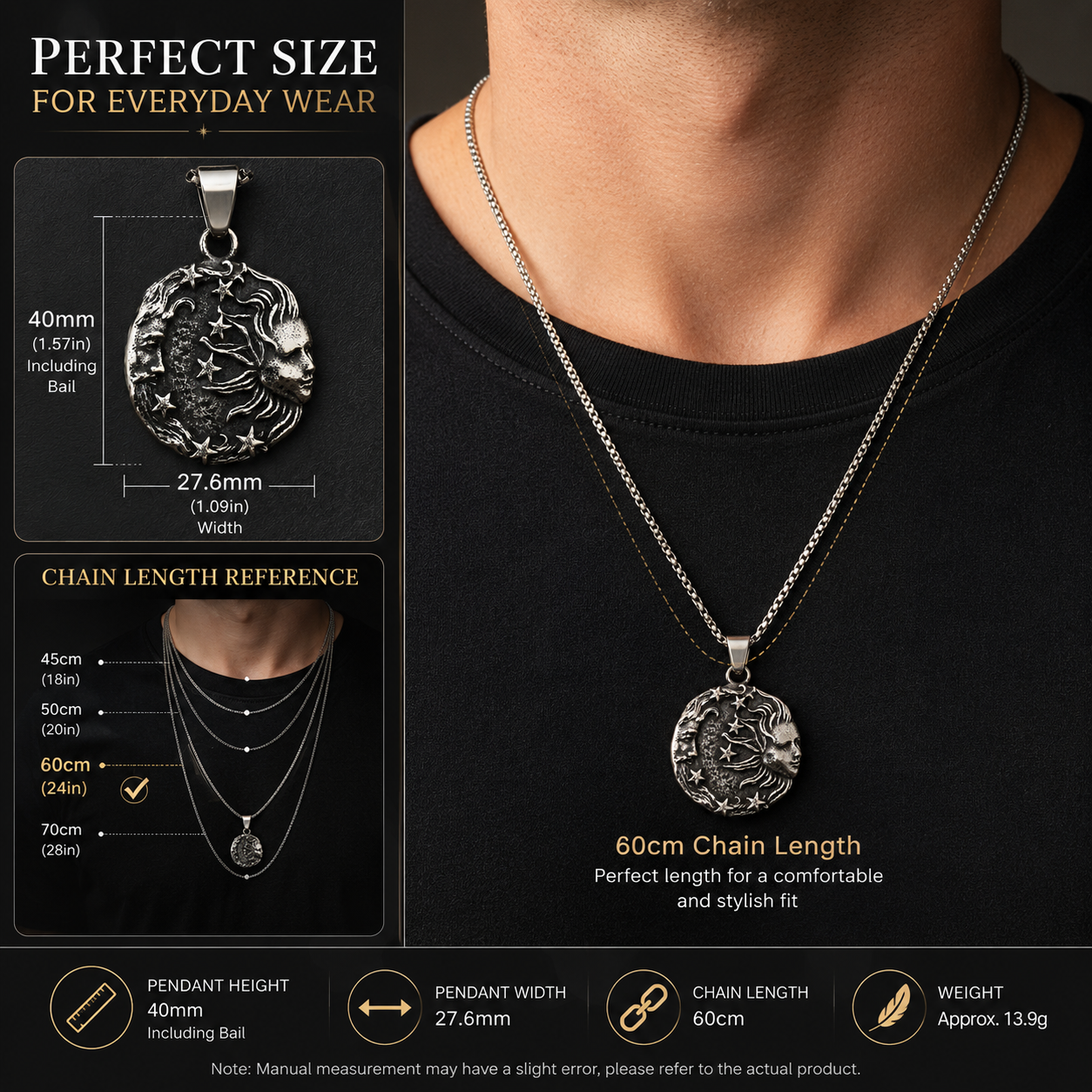 Vintage Sun Moon Face Pendant Necklace Antique Silver Celestial Stainless Steel Necklace Cosmic Star Pendant with Chain Gift PN0018