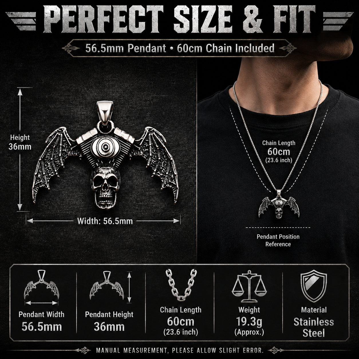 Vintage Biker Skull Bat Wing Pendant Necklace Gothic Motorcycle Engine Chain PN0025