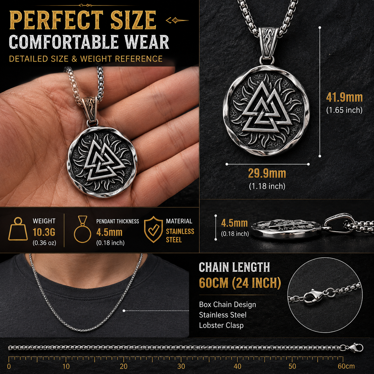 Viking Valknut Pendant Necklace Norse Symbol Stainless Steel with Chain Dark Silver Symbol Jewellery Gift PN0011