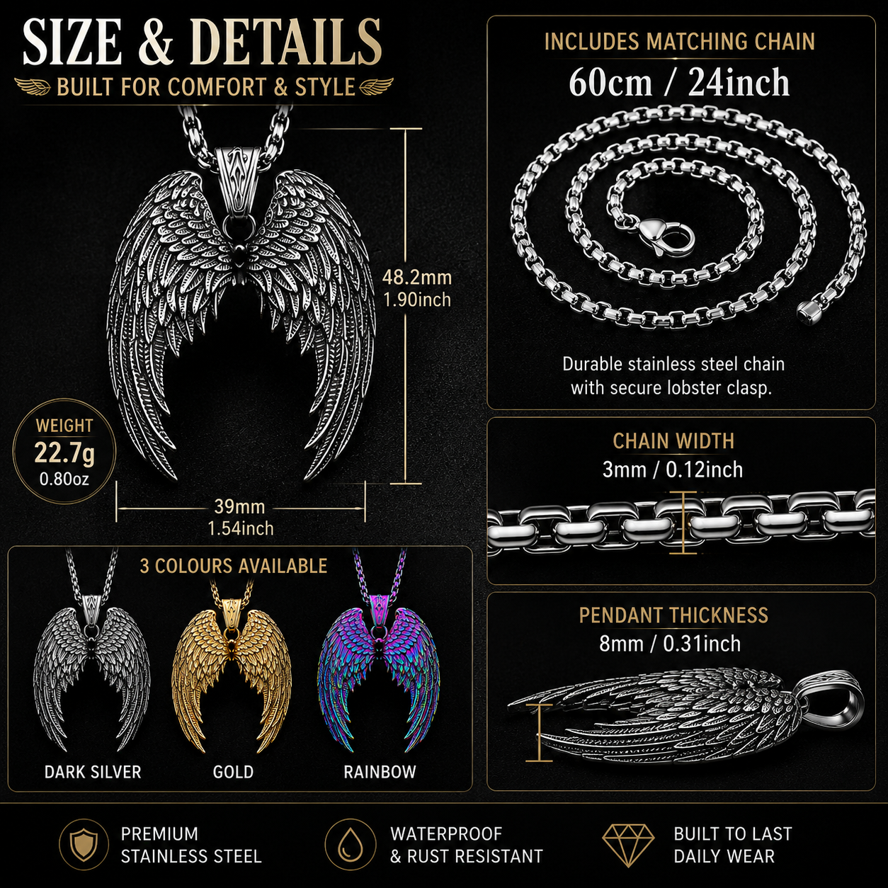 Angel Wings Necklace Stainless Steel Pendant Guardian Wing Gothic Biker Gift Chain #PN0032
