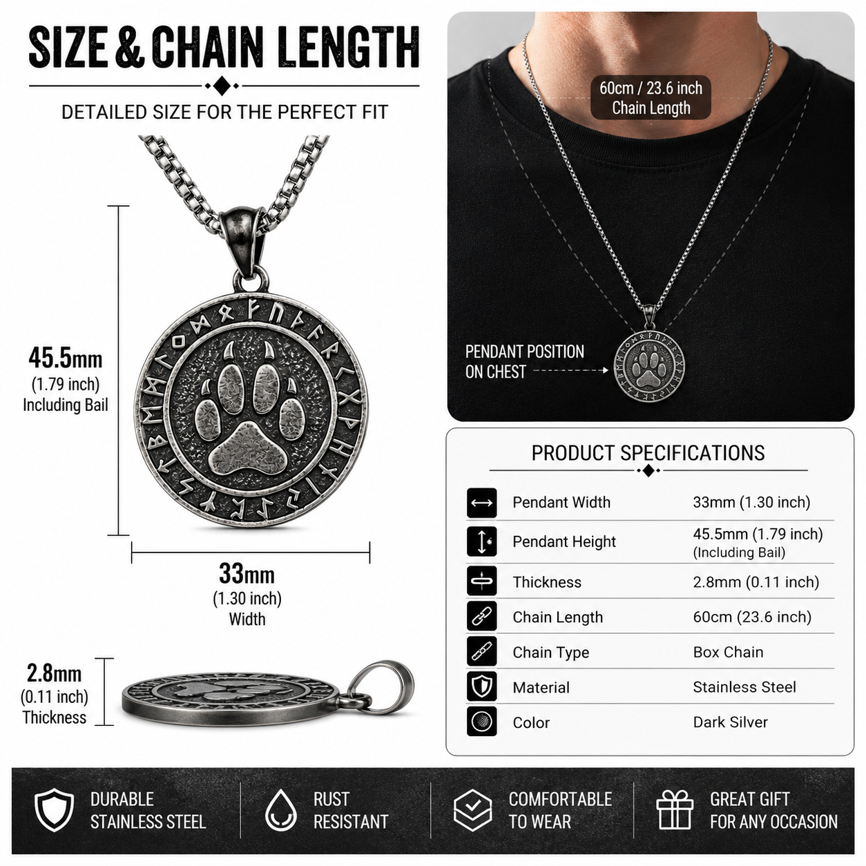 Viking Bear Paw Rune Pendant Necklace Nordic Amulet Stainless Steel Symbolic Totem Gift PN0069