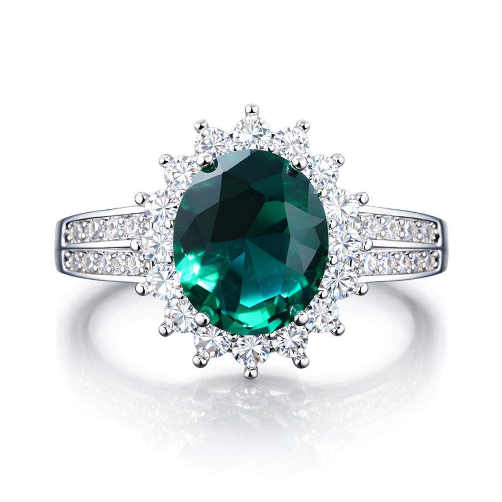 Elegant Green Simulated Gem Stones Halo Ring Alloy Band Cocktail Dress Ring Gift # R132