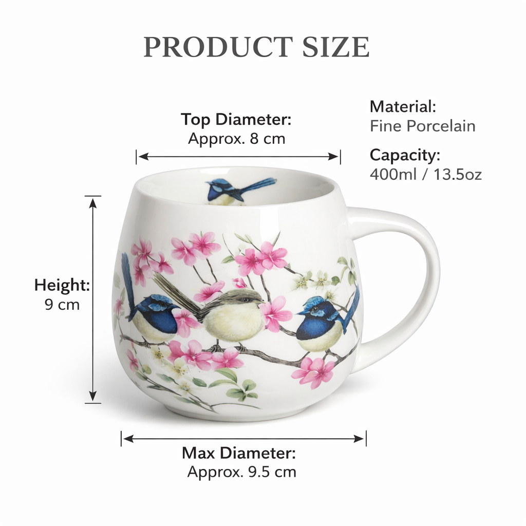 Blue Wren Bird Floral Mug 400ml Fine Porcelain Coffee Tea Cup Birthday Gift Box