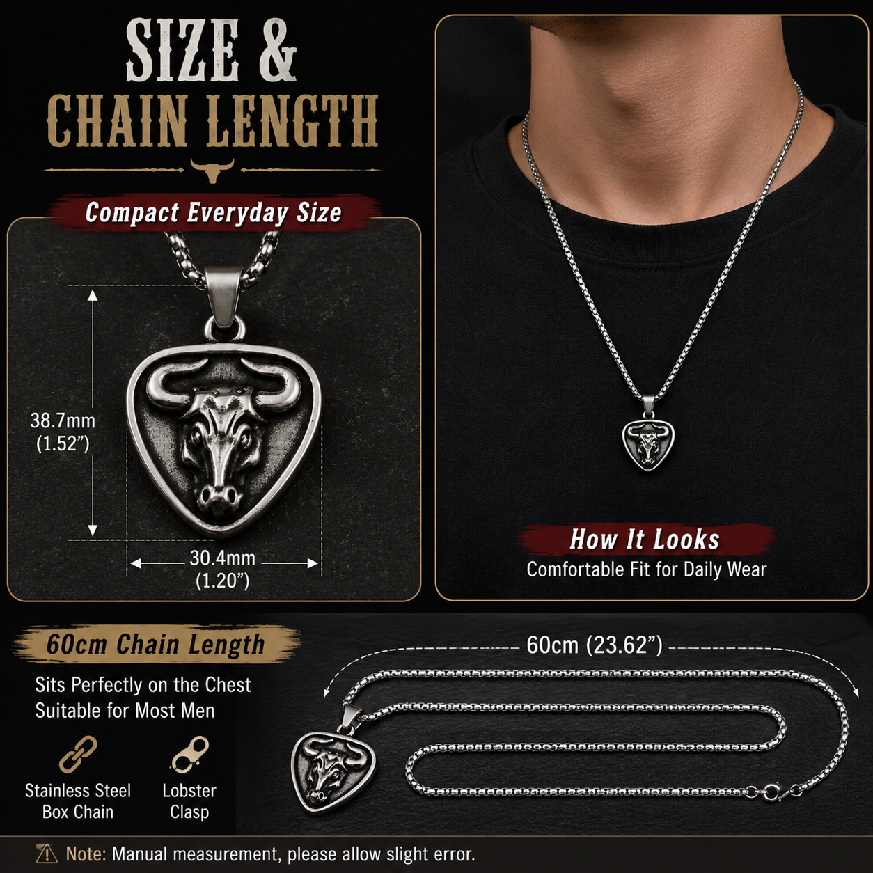 Vintage Bull Skull Pendant Necklace for Men Stainless Steel Ox Head Amulet Dark Silver Tone Chain Gift PN0005