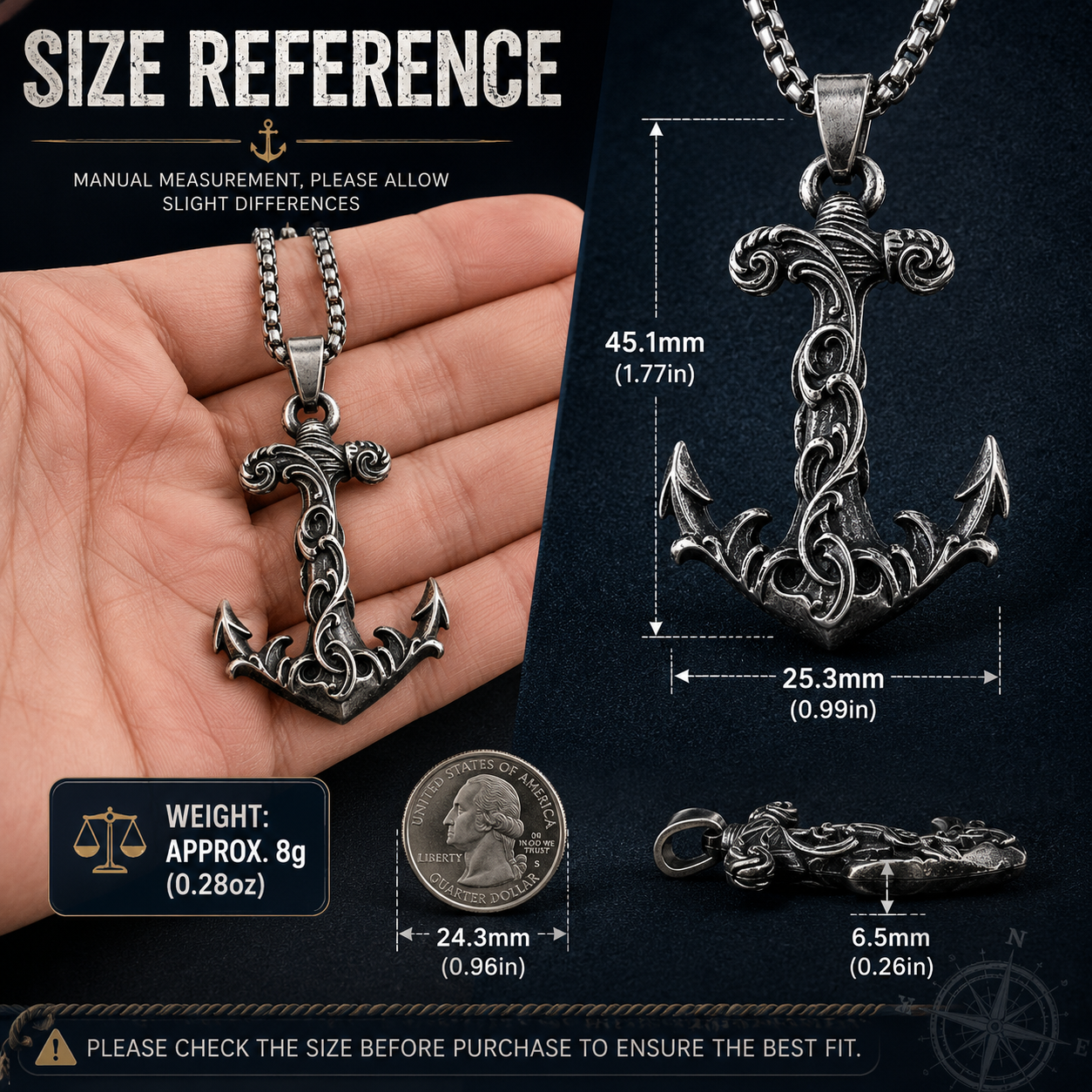 Vintage Carved Anchor Pendant Necklace Stainless Steel Nautical Gothic Marine Chain Gift For Men PN0003