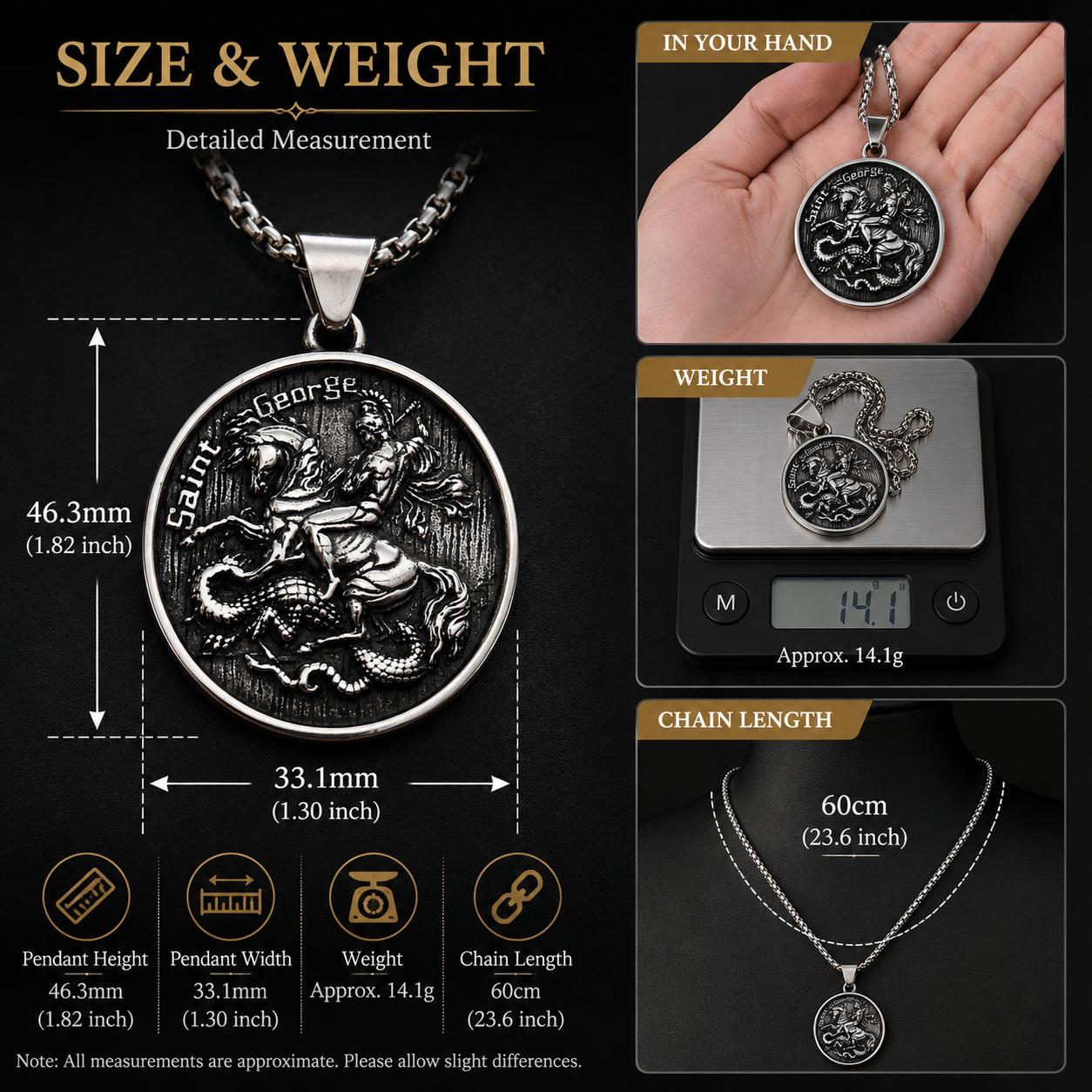 Men Saint George Dragon Pendant Necklace Stainless Steel Round Medallion Chain Gothic Retro Christian Amulet Jewellery Gift PN0006