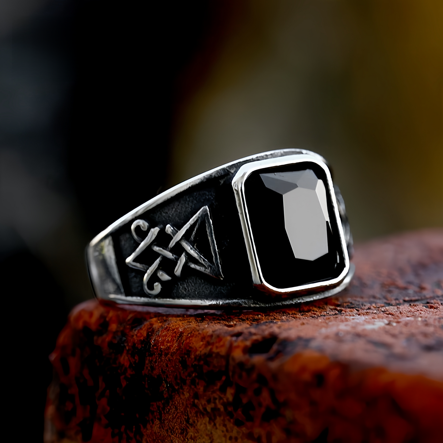 Men Gothic Black Stone Signet Ring Vintage Occult Engraved Rock Biker Punk Band # R366