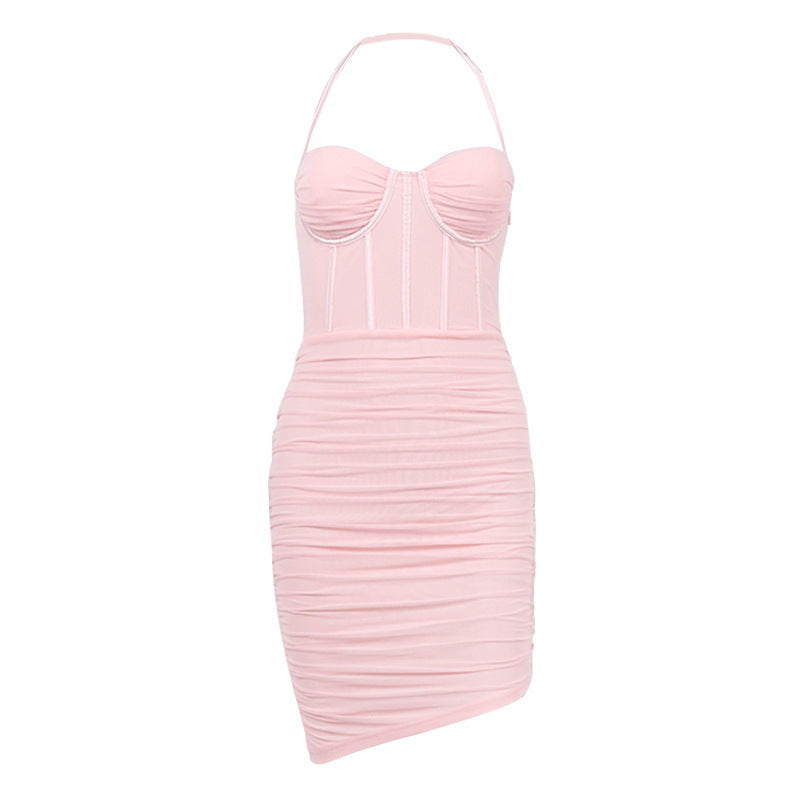 Women Sexy Halter Neckline Backless Pleated Tight Fitting Miniskirt Dress