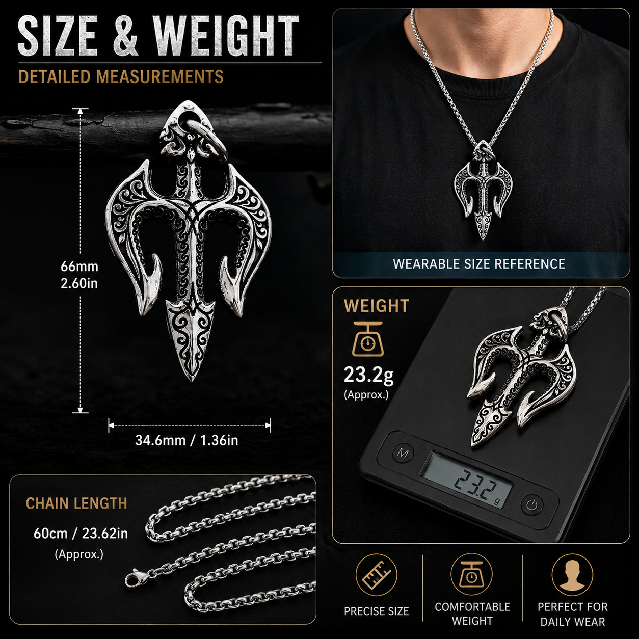Men Vintage Poseidon Trident Pendant Necklace Gothic Greek Mythology Amulet Stainless Steel Chain PN0001