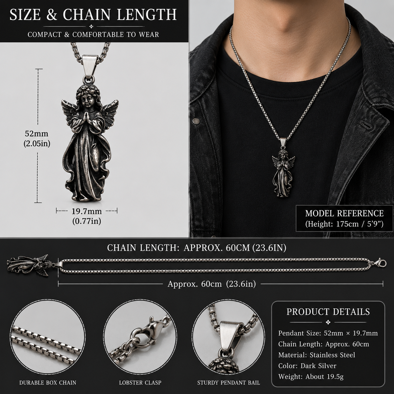 Unisex Vintage Angel Pendant Necklace Stainless Steel Dark Silver Gothic Prayer Angel Charm Chain Necklace Gift for Men Women PN0019