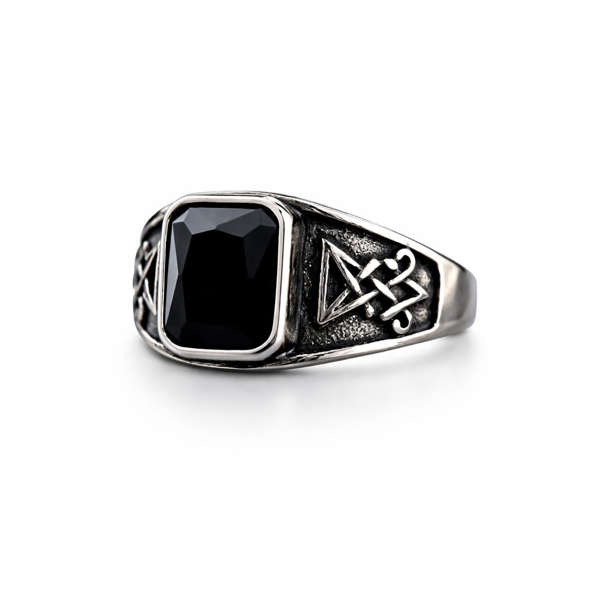 Men Gothic Black Stone Signet Ring Vintage Occult Engraved Rock Biker Punk Band # R366