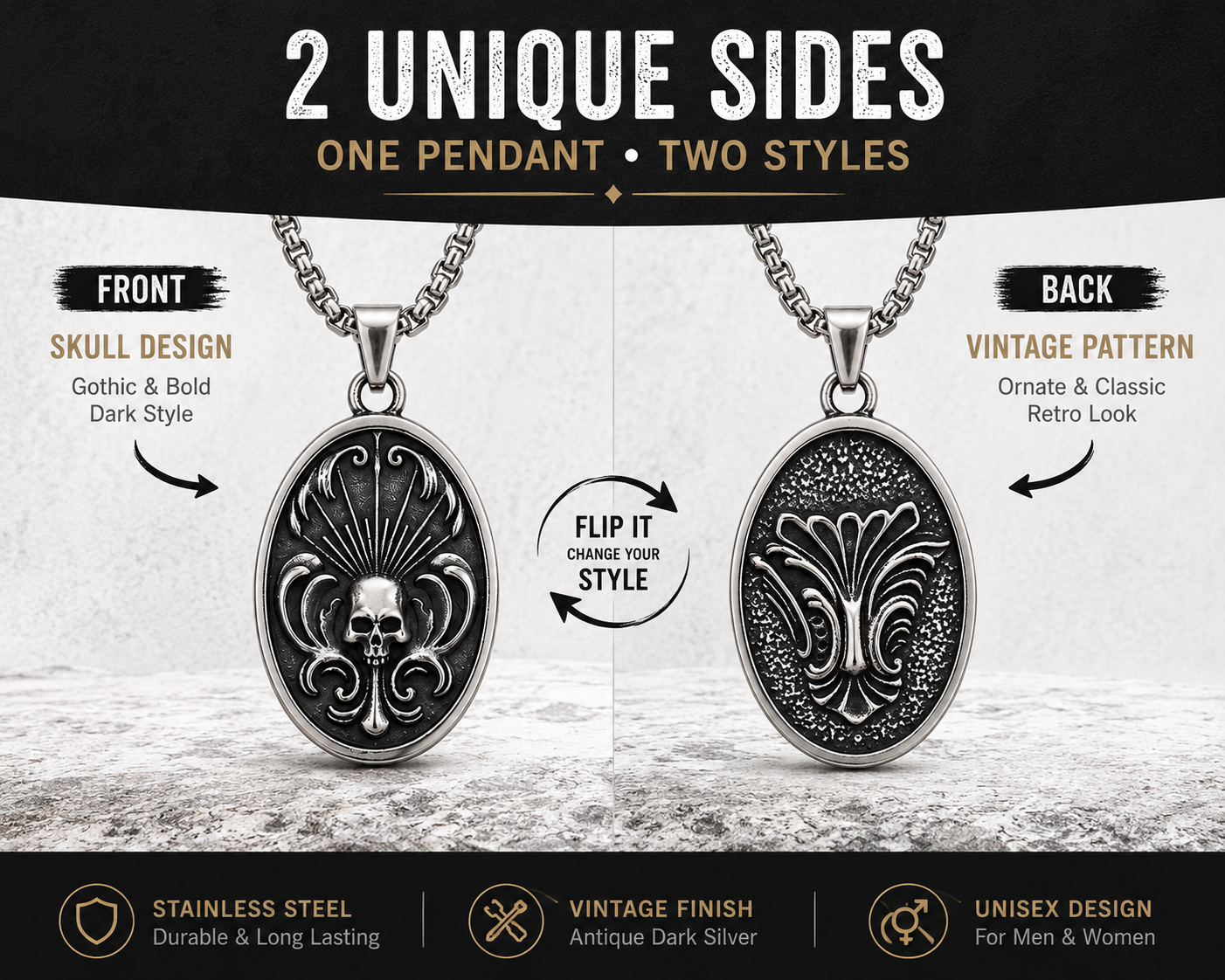 Retro Skull Oval Pendant Necklace Stainless Steel Double-Sided Gothic Necklace with Chain Vintage Punk Jewellery Gift PN0004