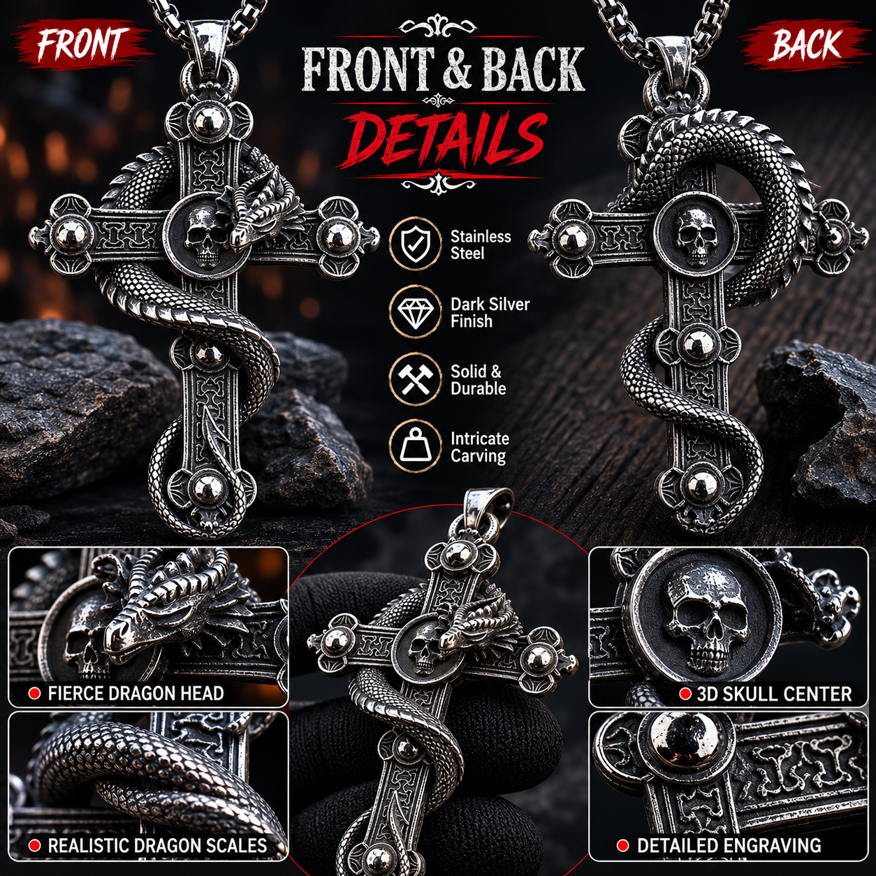 Vintage Dragon Cross Skull Pendant Necklace Men Gothic Stainless Steel Dark Silver Chain PN0022