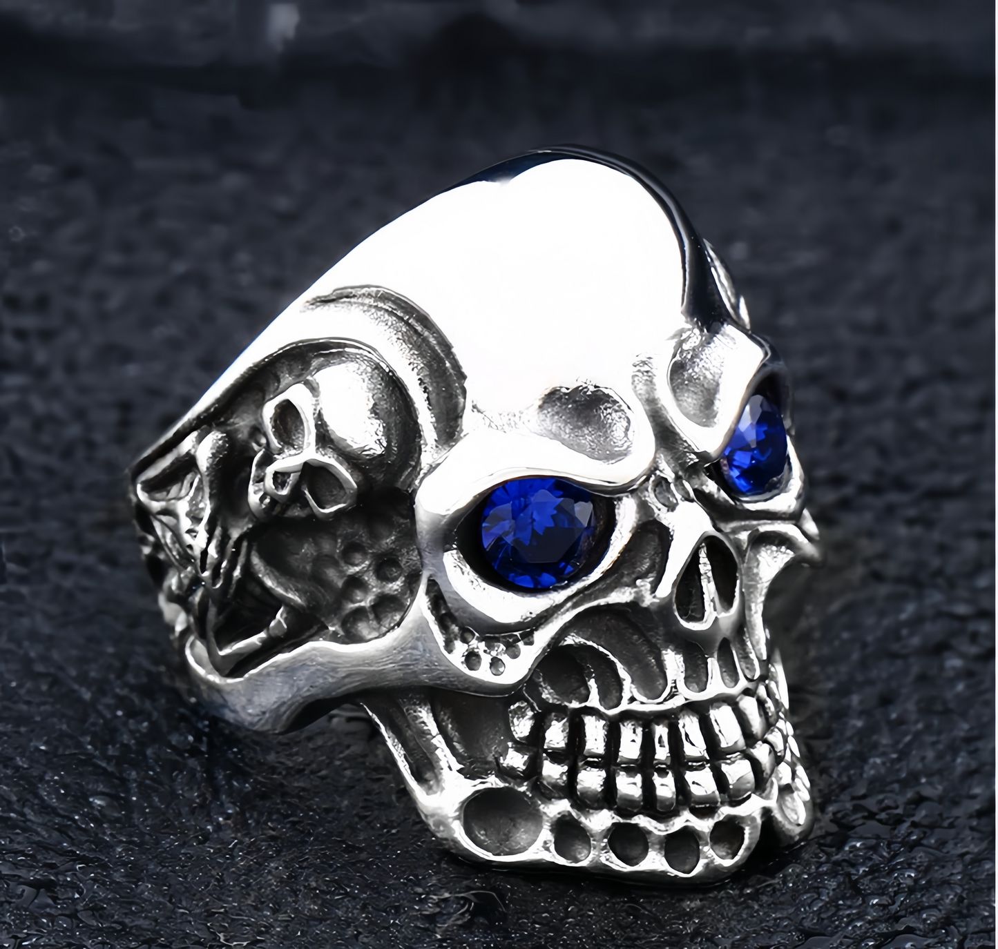 Men’s Gothic Skull Ring Red & Blue CZ Eyes Silver Tone Biker Punk Statement Ring # R25