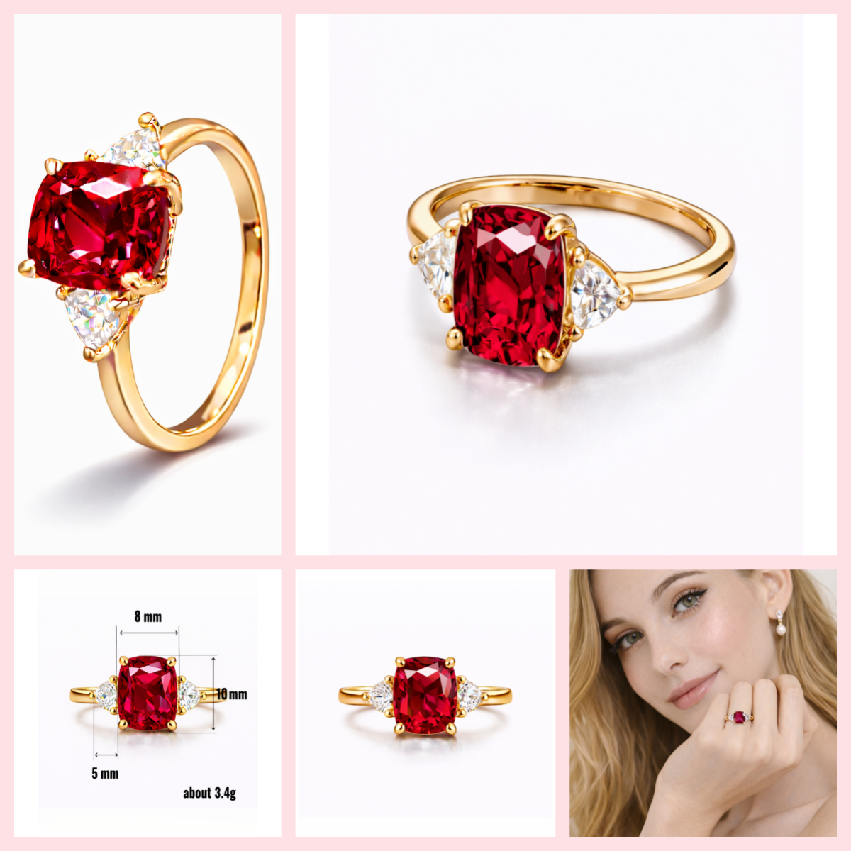 Women Gold Tone Cushion Cut Zircon Rings Green Blue Red Pink & FREE LED Gift Box # R228