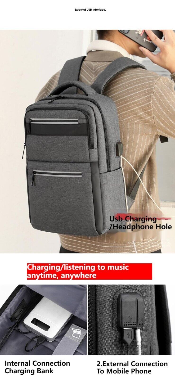 Unisex Waterproof Double Shoulder Backpack USB Sports Travel Bag Laptop Bag