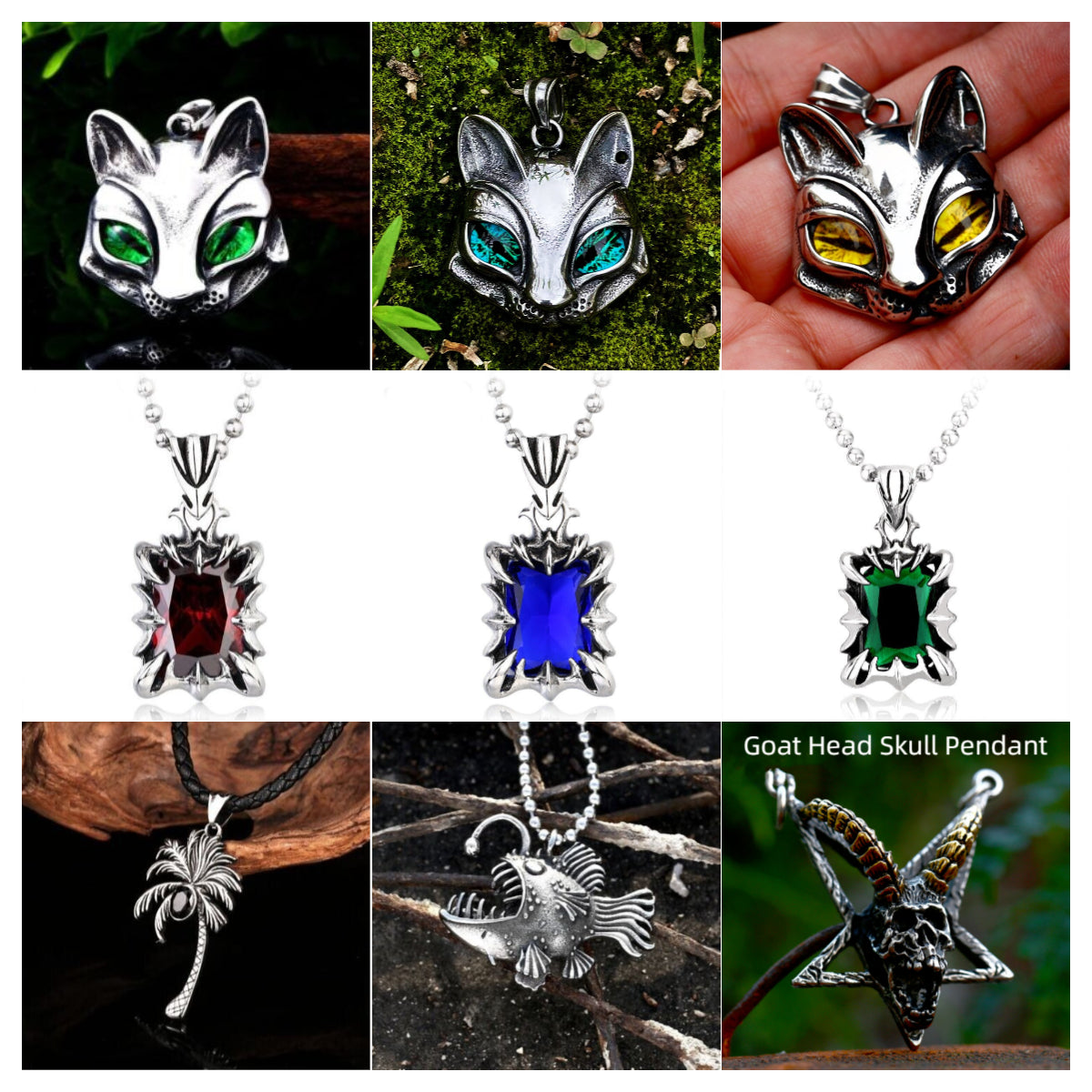 Mix Theme Retro Fox Head Sweater Chain Gemstone Titanium Steel Pendant Cat Head Necklace