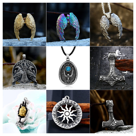 Retro Mix Theme Pendant Punk Vintage Angel Wing Pendant Biker Gift Necklace