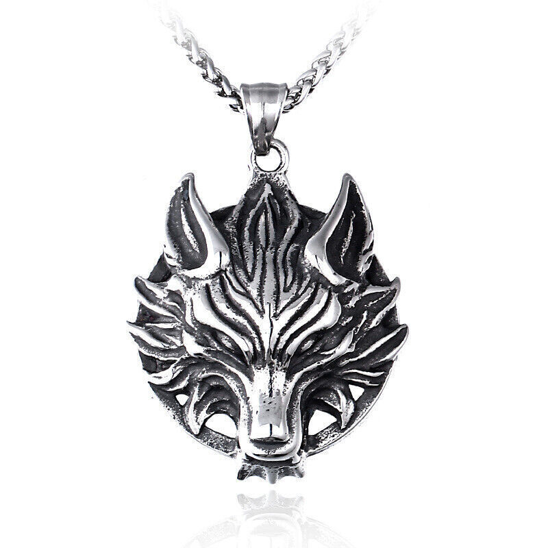 Cool Retro Punk Vintage Wolf Totem Valknut Pendant Biker Titanium Steel Necklace