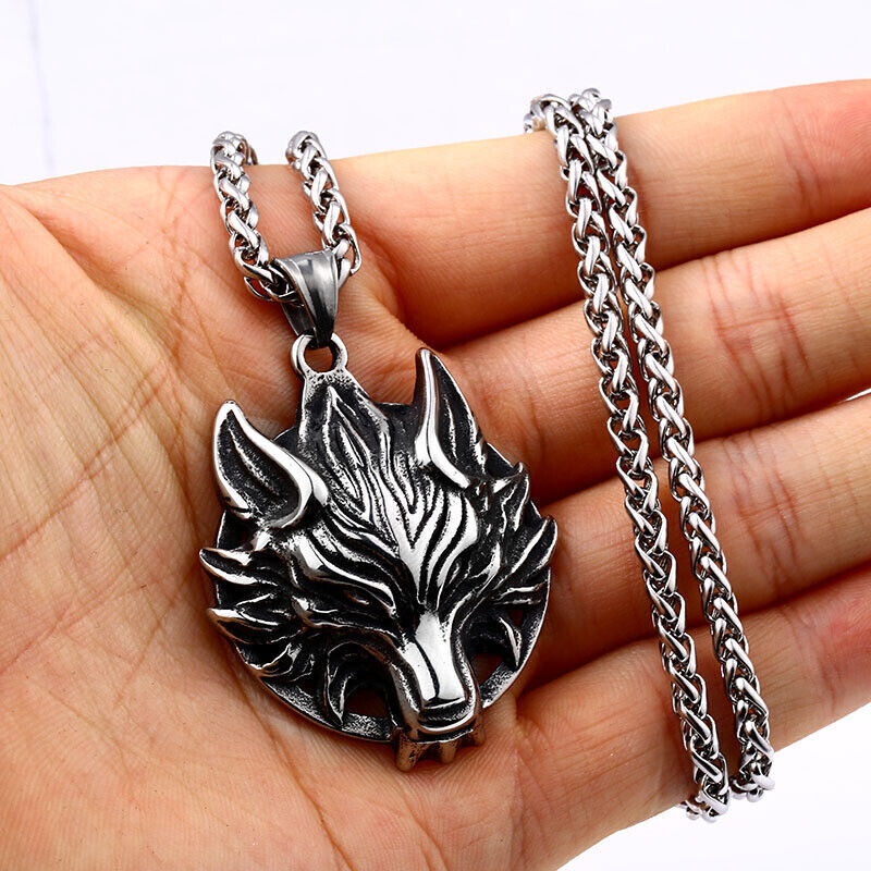 Cool Retro Punk Vintage Wolf Totem Valknut Pendant Biker Titanium Steel Necklace