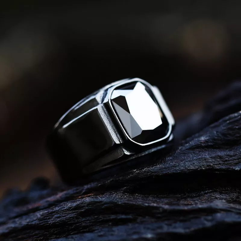 Men Biker Square Signet Ring Black or Red Synthetic Stone Vintage Statement Band # R321