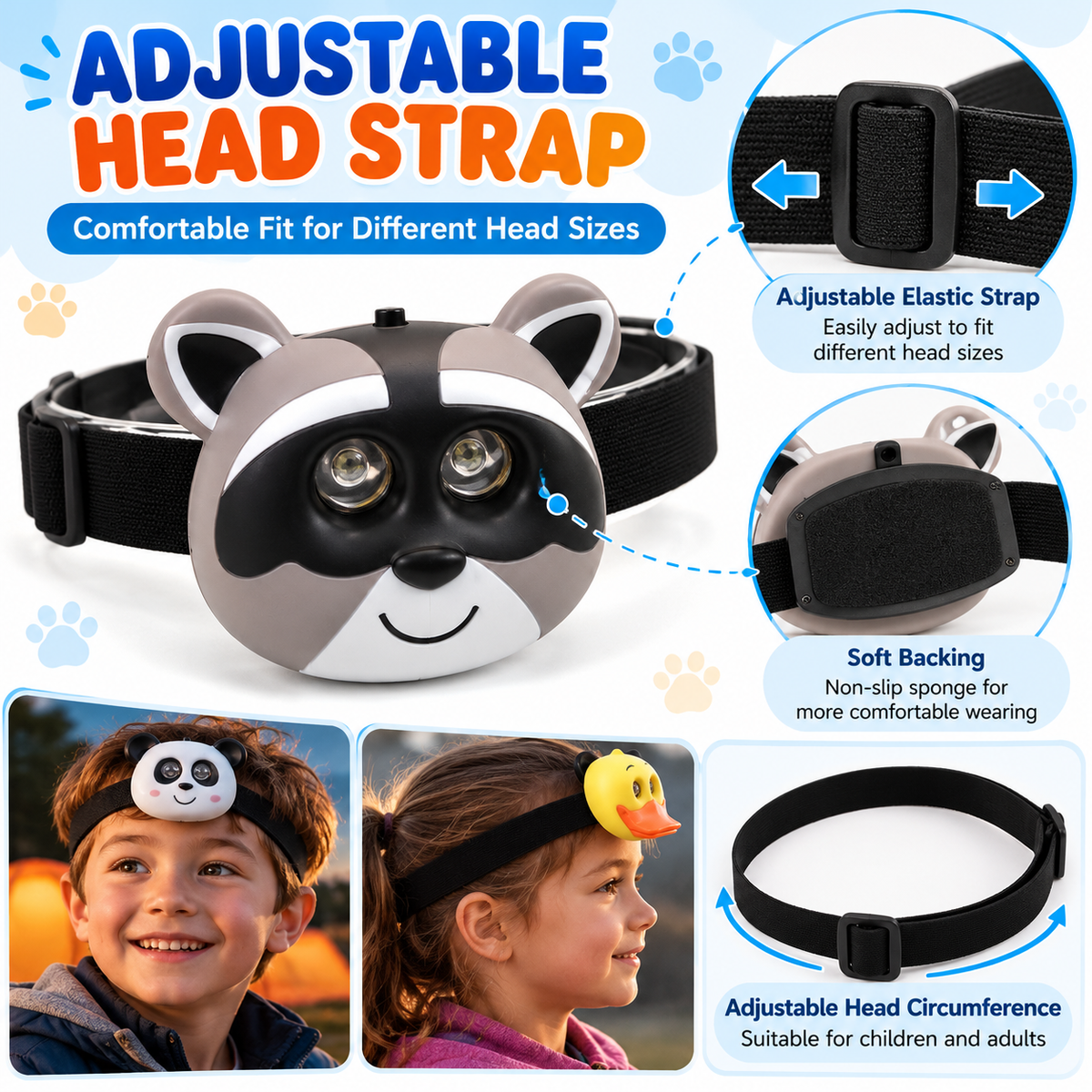Cute Animal LED Head Torch Headlamp Adjustable Camping Light Flashlight