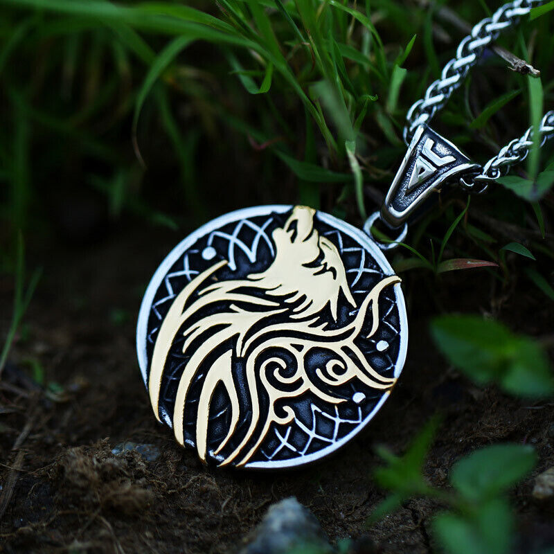 Cool Retro Punk Vintage Wolf Totem Valknut Pendant Biker Titanium Steel Necklace
